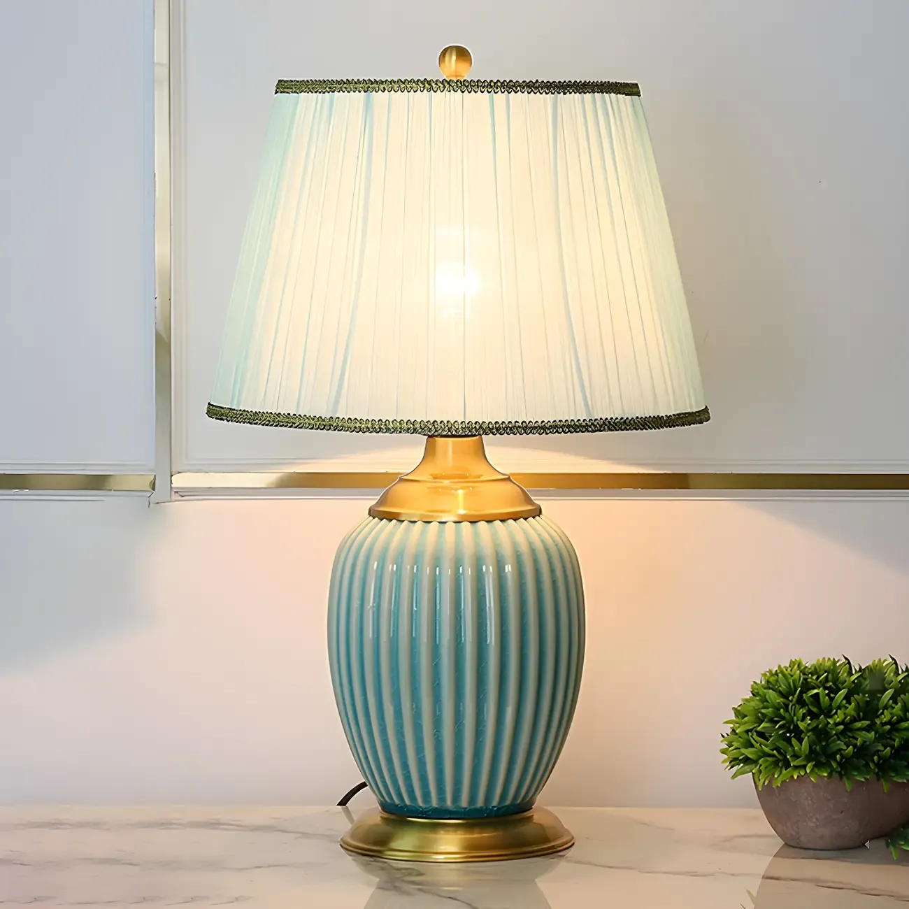 Plug-In Elegant Ceramic LED Table Lamp with Fabric Shade