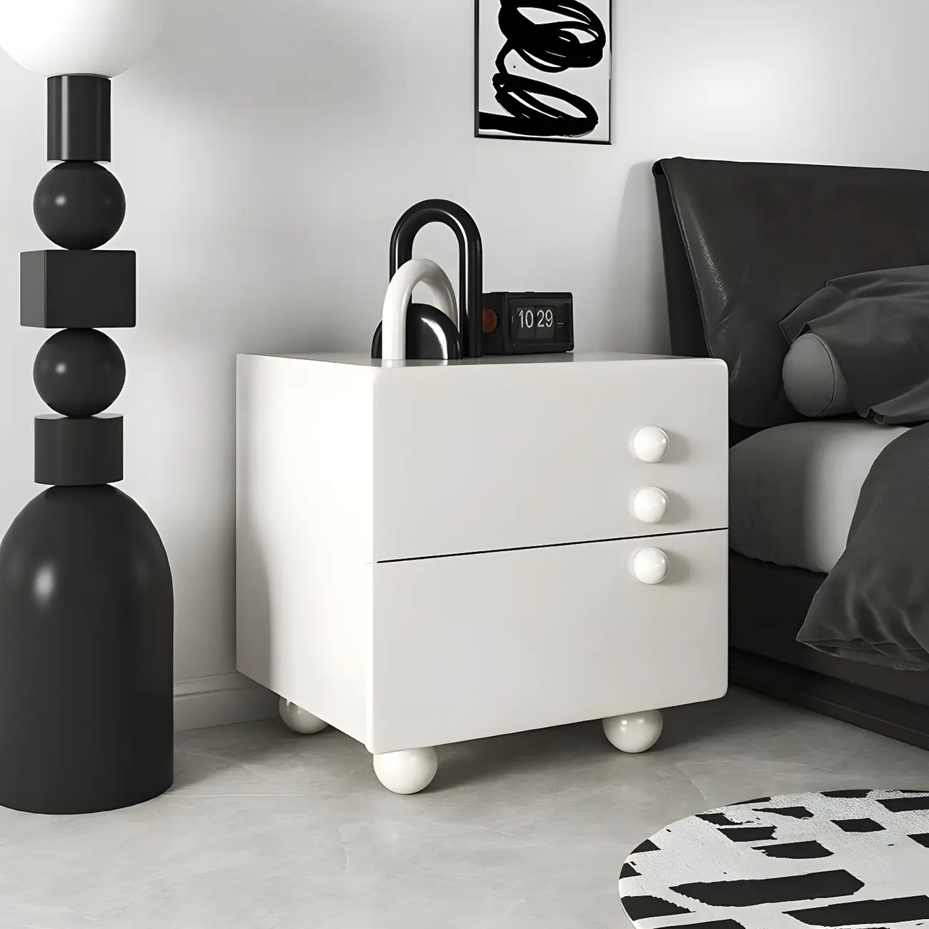 White Wood High-Gloss 2-Drawer Nightstand with Sphere Legs