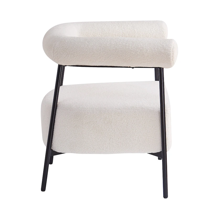 Modern Boucle Fabric Upholstered Accent Chair, Curved Armchair with Black Metal Frame