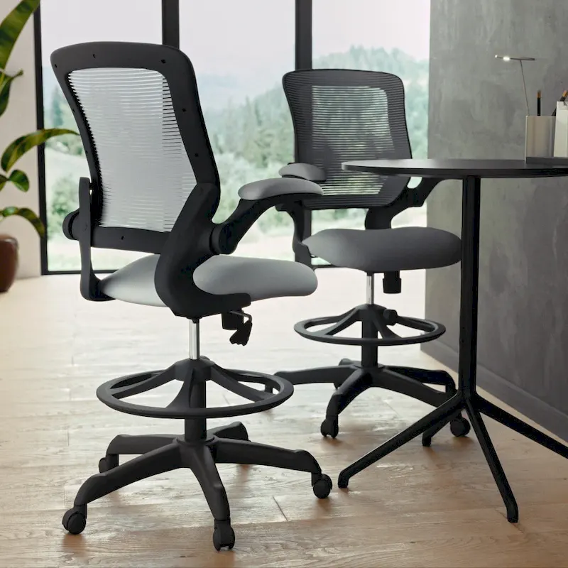 Mid-Back Mesh Ergonomic Drafting Chair with Foot Ring and Flip-Up Arms