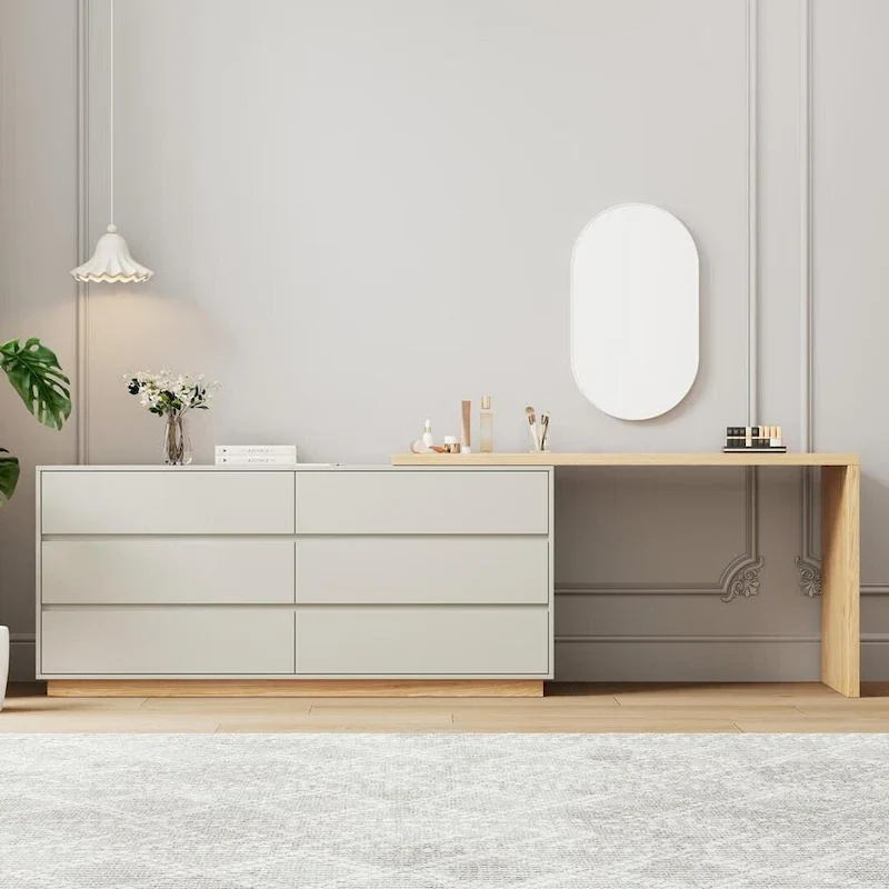 55.2 Inch White Corner L-Shaped Dressing Table with 6 Drawers Perfect for Bedrooms or Study Rooms