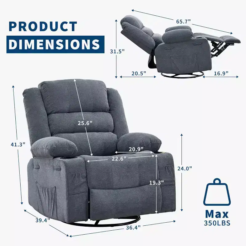 360 Swivel Rocker Recliner Chair, Oversized Recliner Chairs, 3 Positions, Cup Holders, Side Pocket, Wide Lounge Sofa Chair for Big People