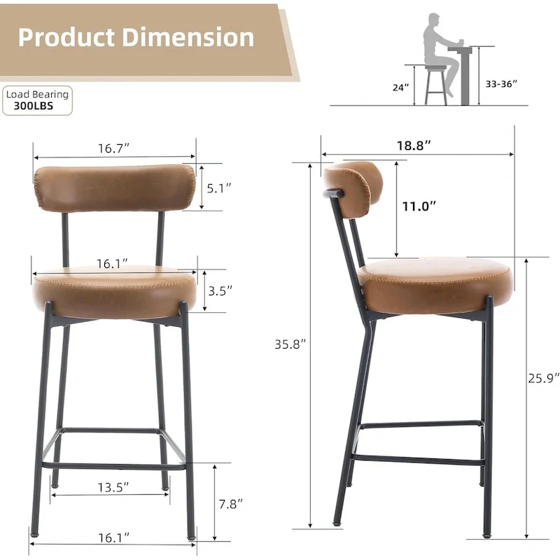 27 Modern Counter Stools Set of 2, Leather Bar Stools with Back & Pedals & Metal Legs