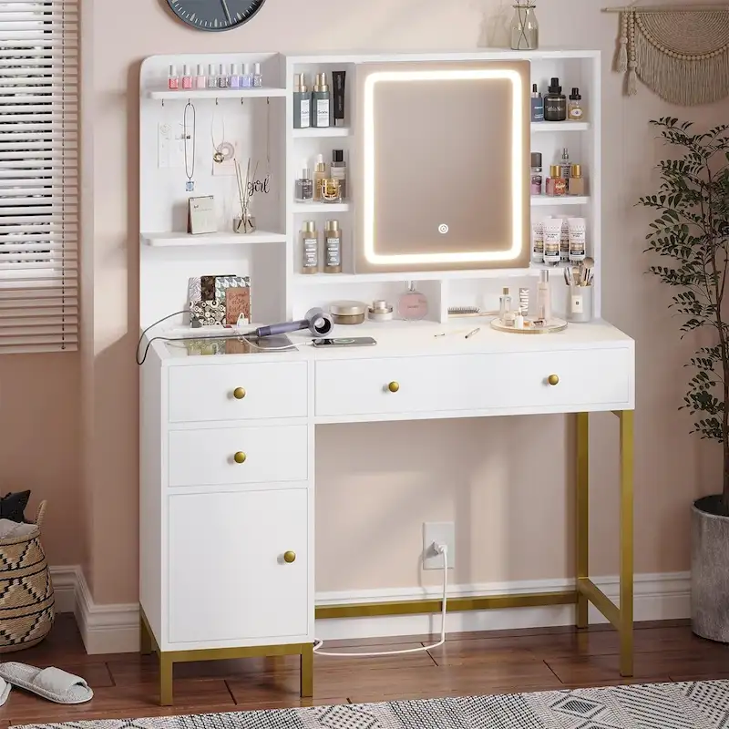 Makeup Vanity Desk with Lighted Mirror, Drawers and Charging Station – White / Black, Single