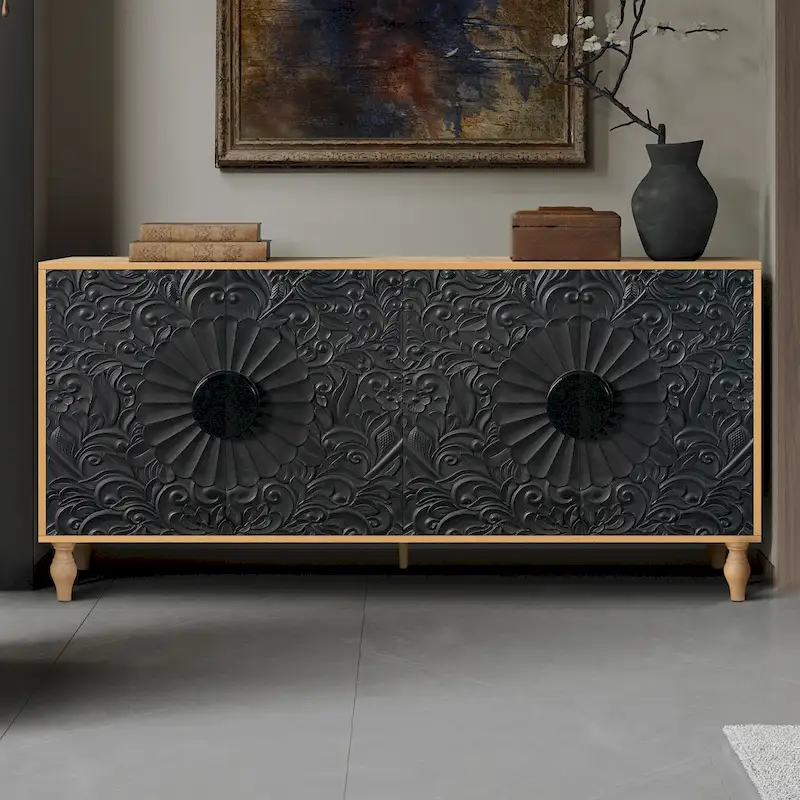 Black Natural / Black White Carved Door TV Stand Cabinet with Wood Legs – 63 in