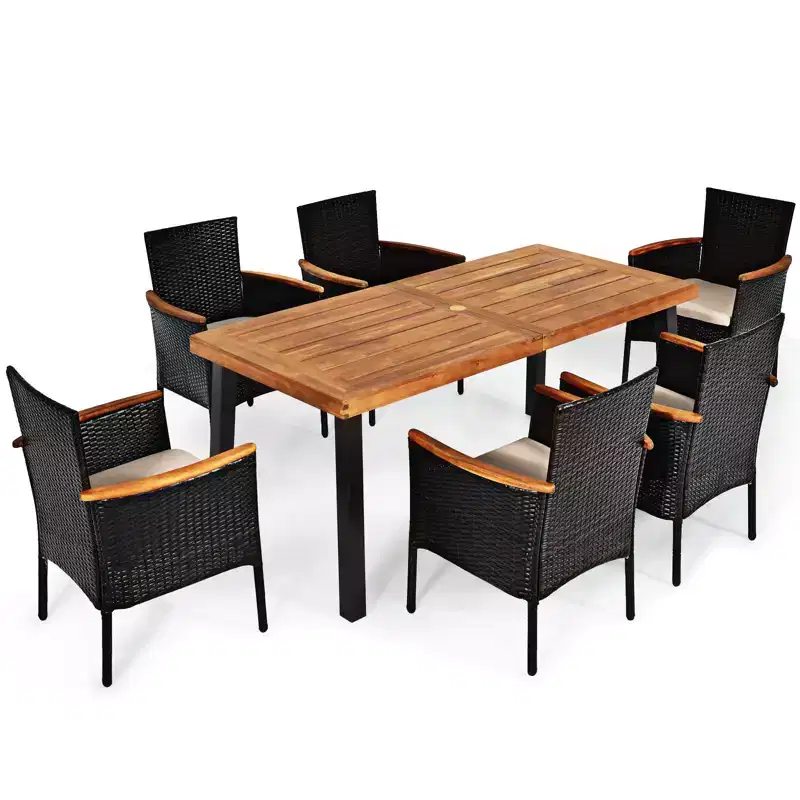 Costway 7PCS Patio Rattan Dining Set Chair Cushion Acacia Wood W/Umbrella Hole