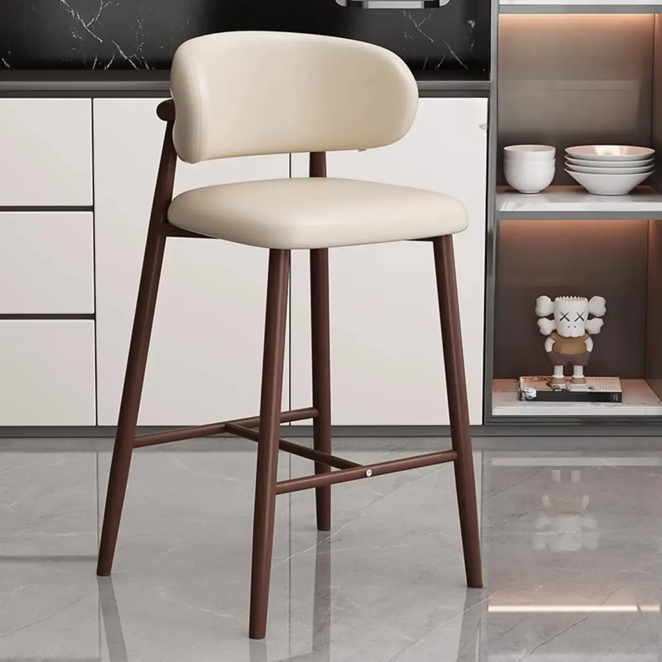 Modern Off-White Leather Curved Back Counter Bar Stools