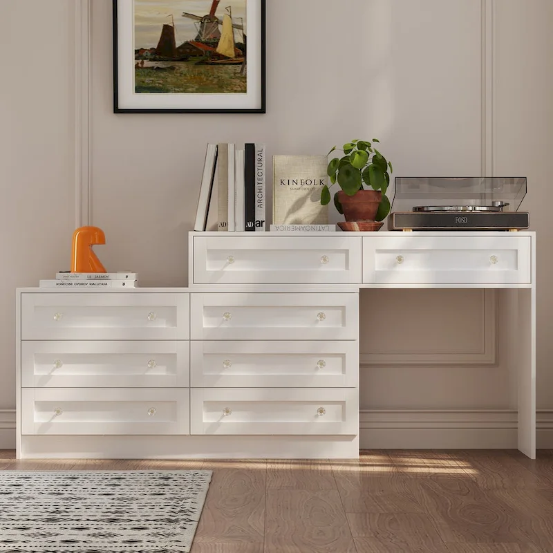 White Dresser & Vanity Combo Spacious Storage with Chic Crystal Knobs