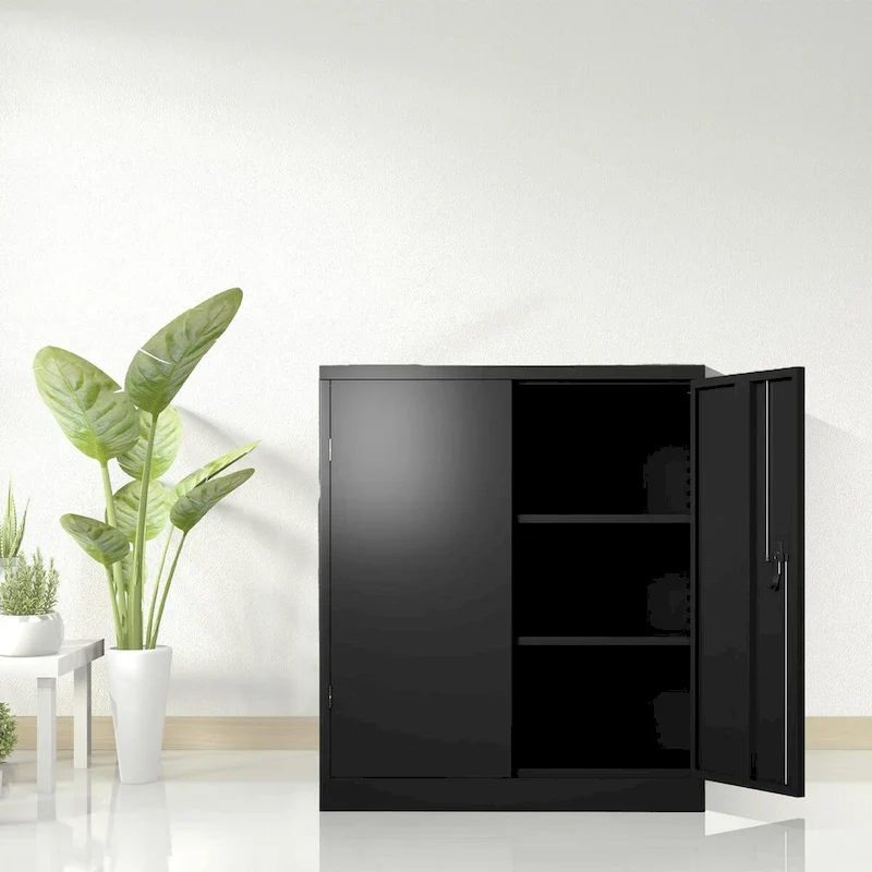 Black Steel Storage Cabinet, 2-Door Lockable, 2 Adjustable Shelves, 1-Person Assembly