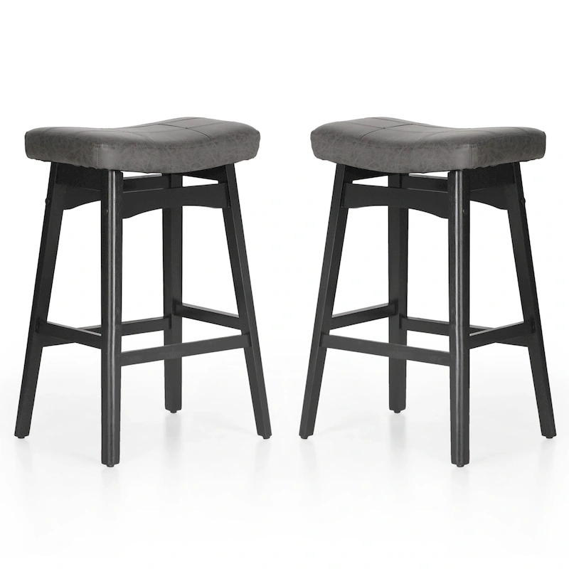 24 Inch Solid Wood Barstools with Linen / PU Leather Fabric Cushion, Set of 2