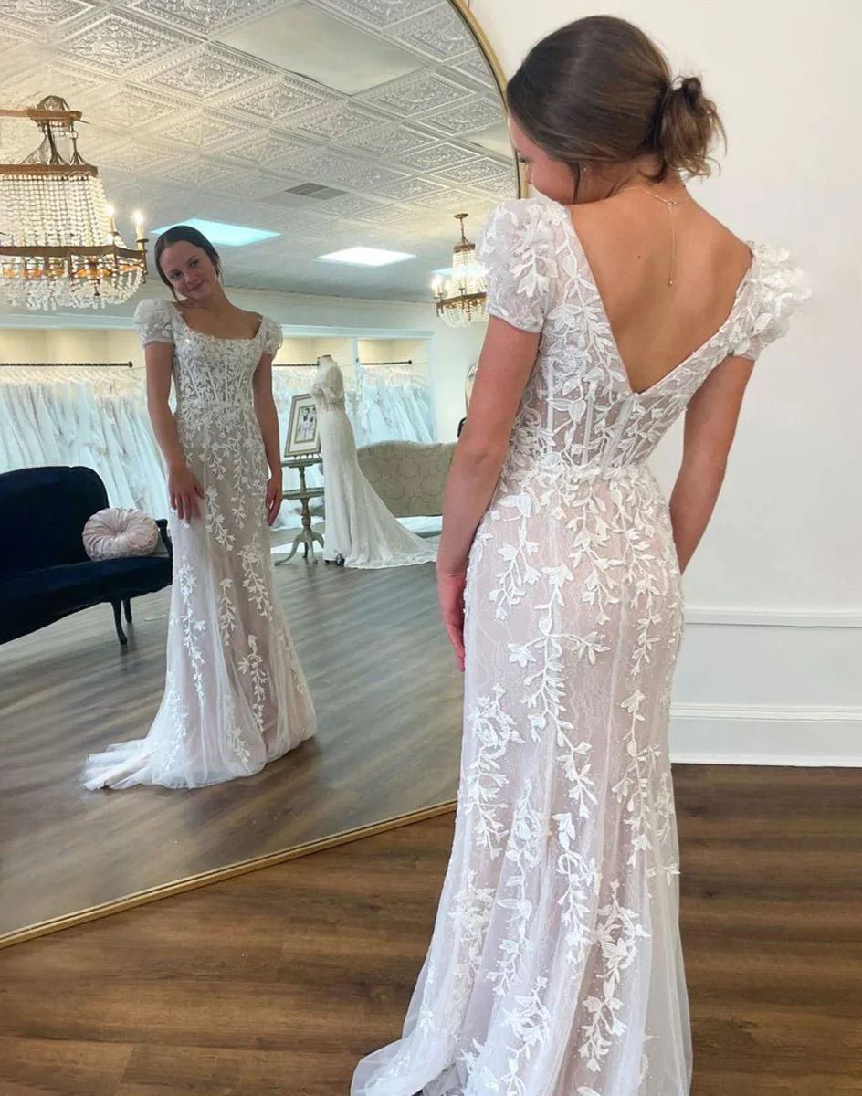 Champagne Appliques Square Neck Puff Sleeves Long Prom Dress