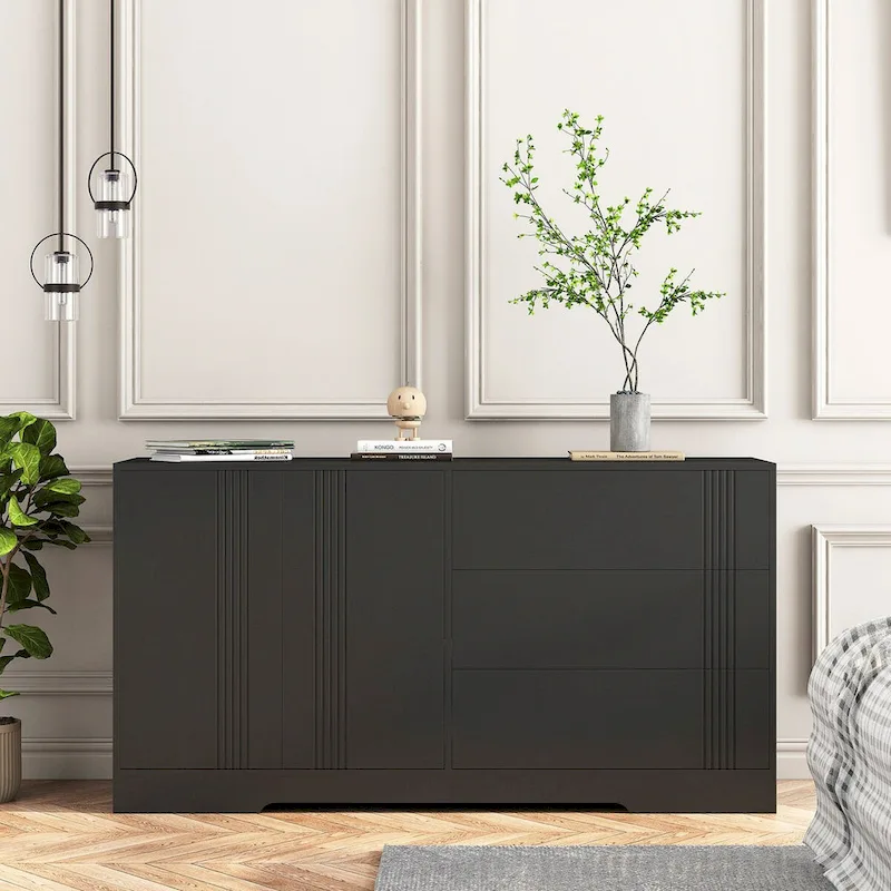 Black Modern Sideboard Buffet Cabinet with 3 Drawers & 2 Doors