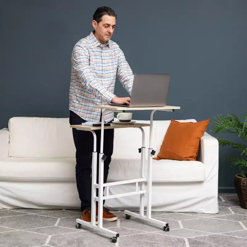 White Rolling Sitting/Standing Desk with Side Storage - Mind Reader