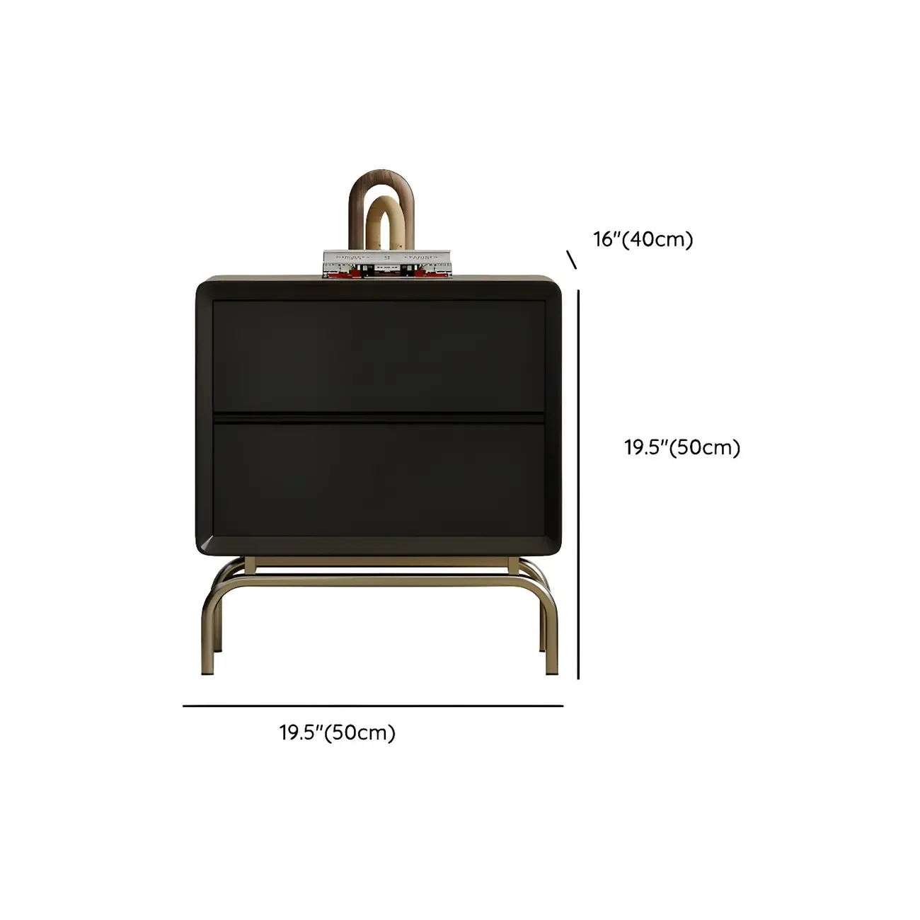 Classic Black Wood 2 Drawers Nightstand with Silver Metal Base