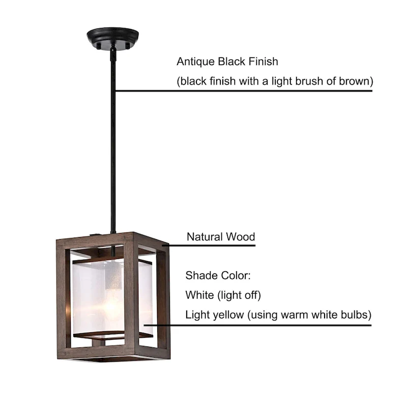 Alina 1 Light Antique Black Metal Natural Wood Fabric Shade Pendant Chandelier