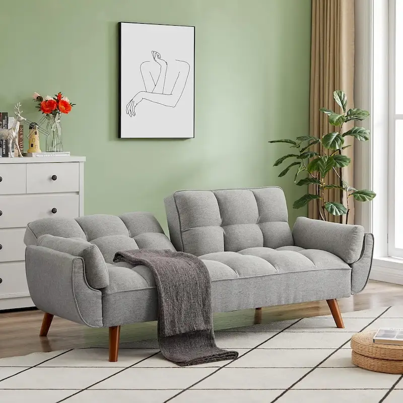 Futon Sofa Bed, Convertible Folding Couch Recliner Lounge For Living Room With 2 Pillows & Armrest