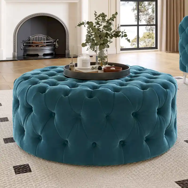 Chesterfield Round Tufted Velvet Ottoman with Casters