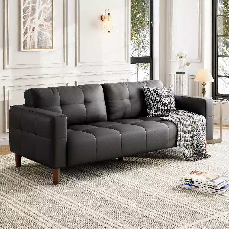 83in Modern Faux Leather 3-Seater Sofa, Deep Seating Couch with Wide Arms, Back Cushions and 2 Pillows for Living Room and Office