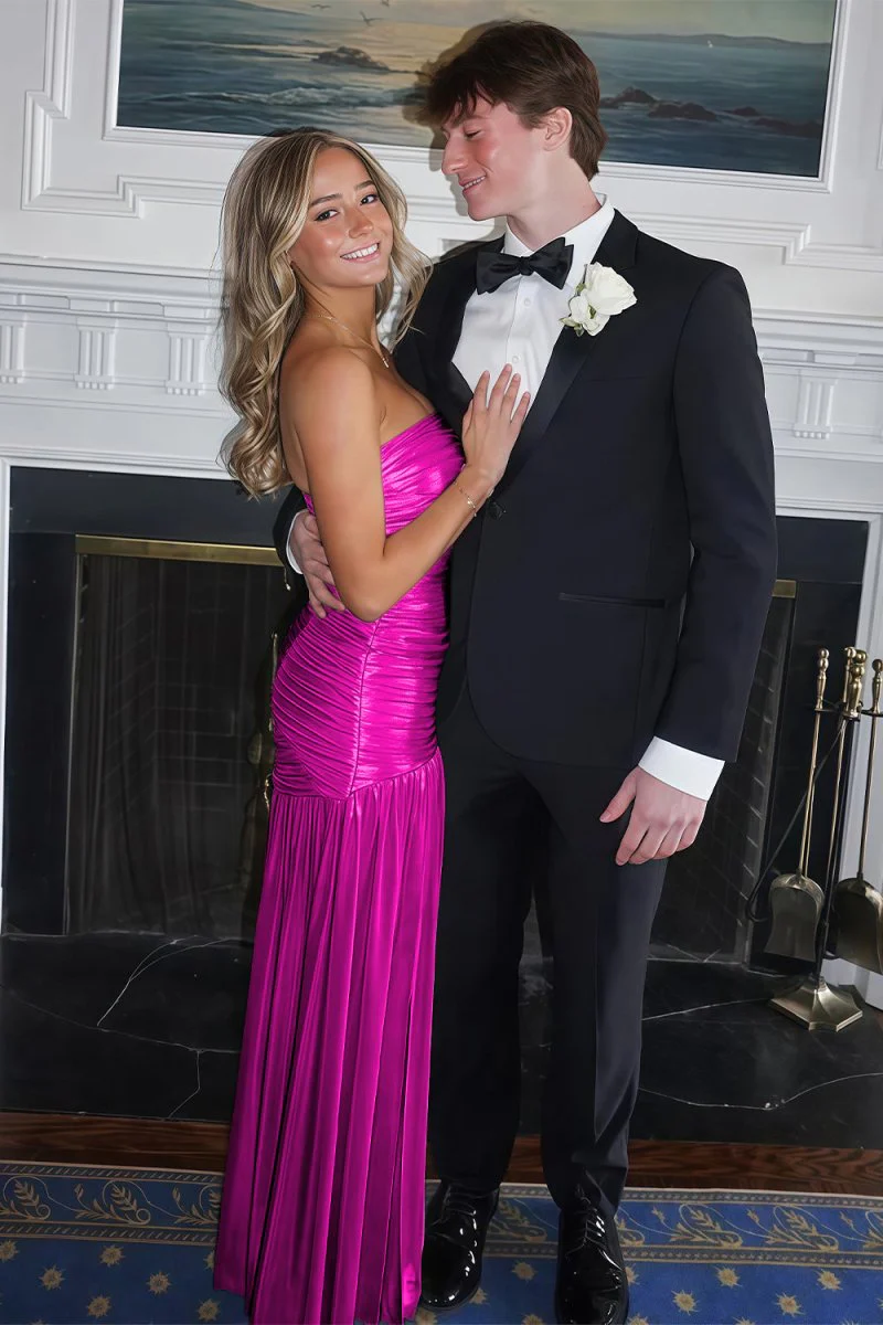 Champagne Mermaid Strapless Metallic Long Prom Dresses with Pleats