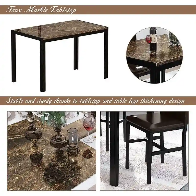 Modern Faux Marble 5 Pieces Kitchen Dining Set with 4 Cushion PU Leather Chairs