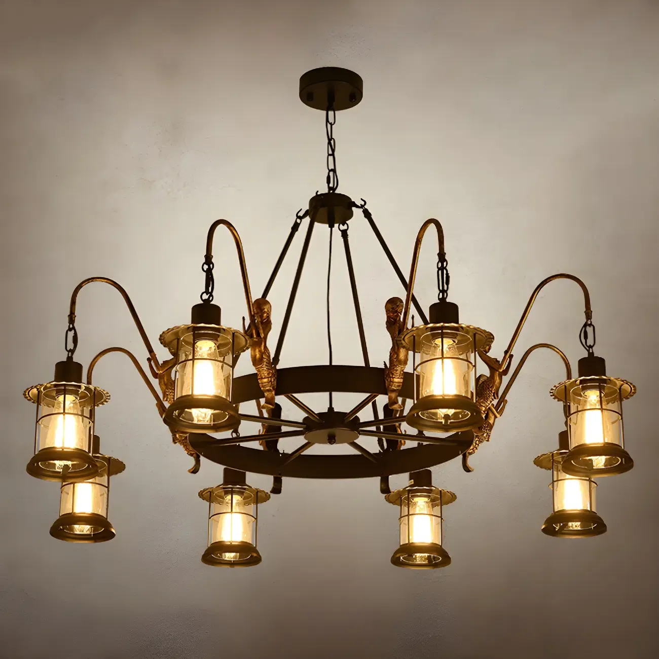 Industrial Black Metal Lantern Wheel Chandelier