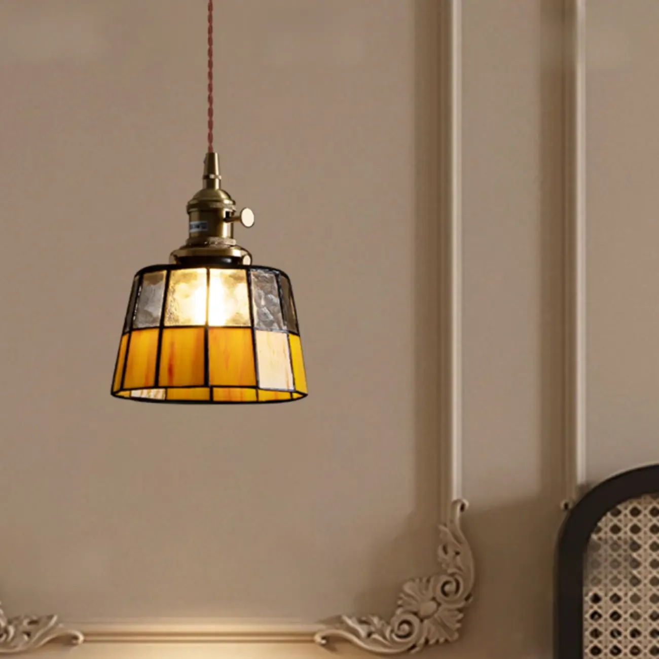 Frosted Yellow Glass Antique Brass Geometric Pendant Light