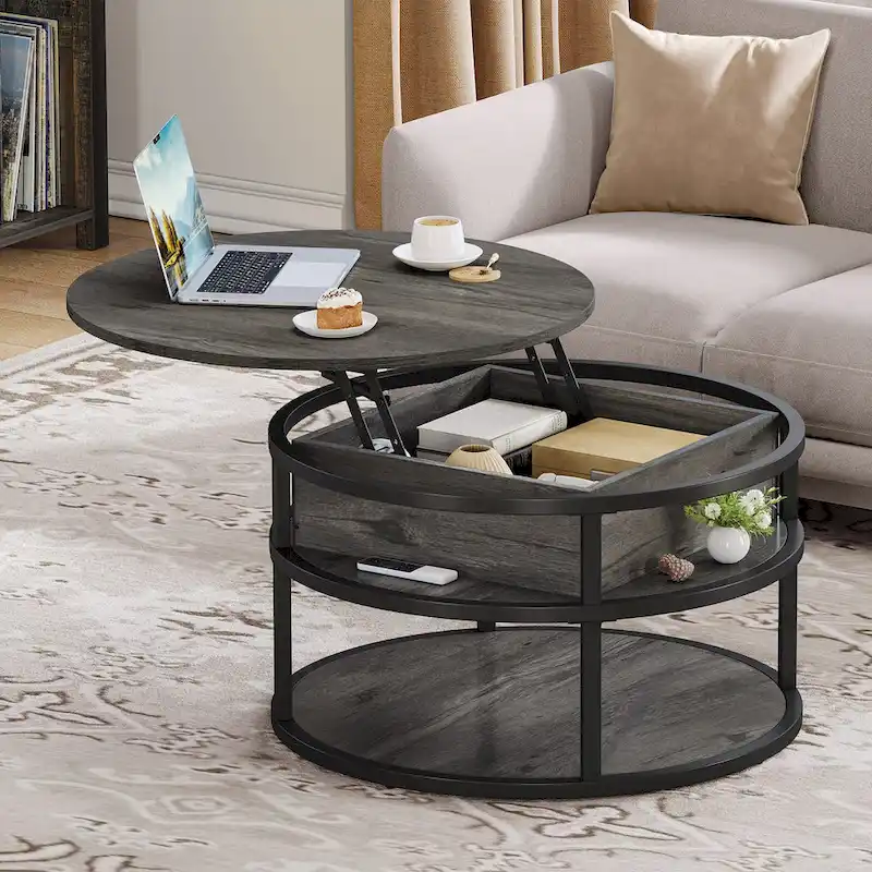 Round Lift Top Coffee Table with Hidden Storage and Shelf