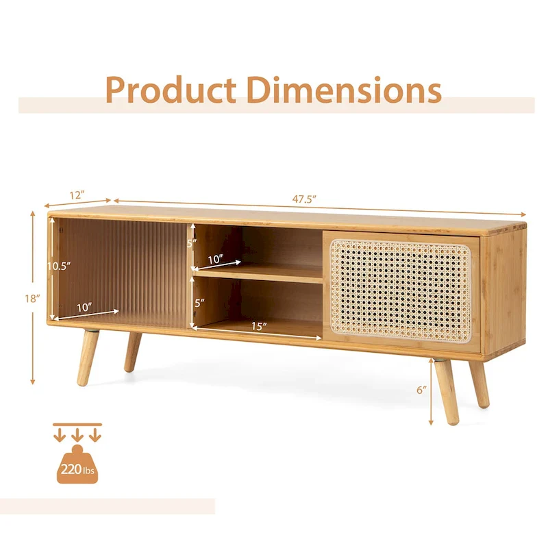Mid-Century TV Stand with Rattan Sliding Doors, Brown/Natural, 47.5
