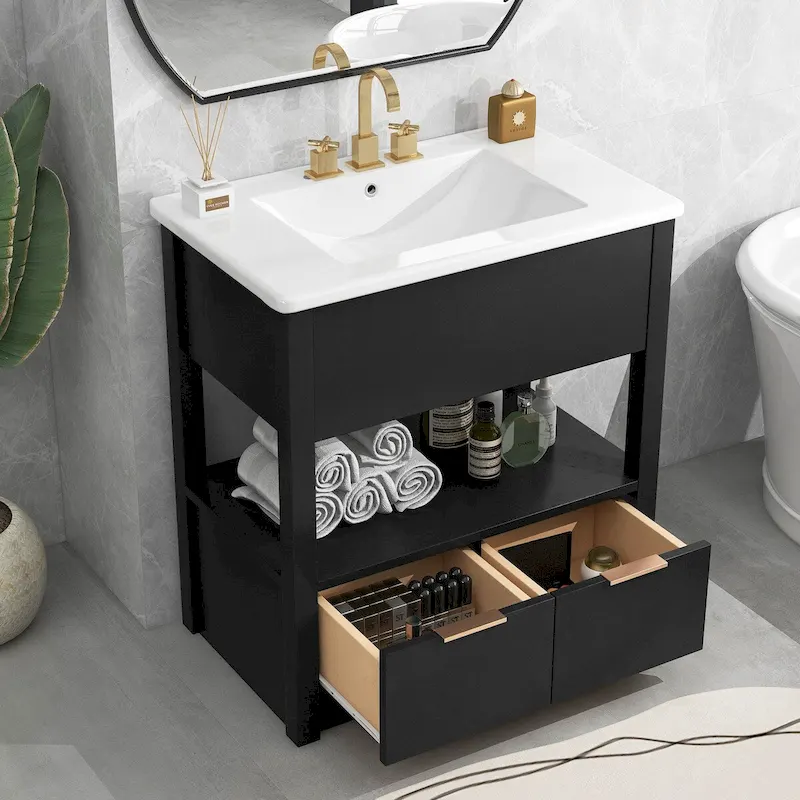 Black / Clear Modern Freestanding Bathroom Vanity with 2 Drawers & Open Shelf, Single Sink, 1-Person