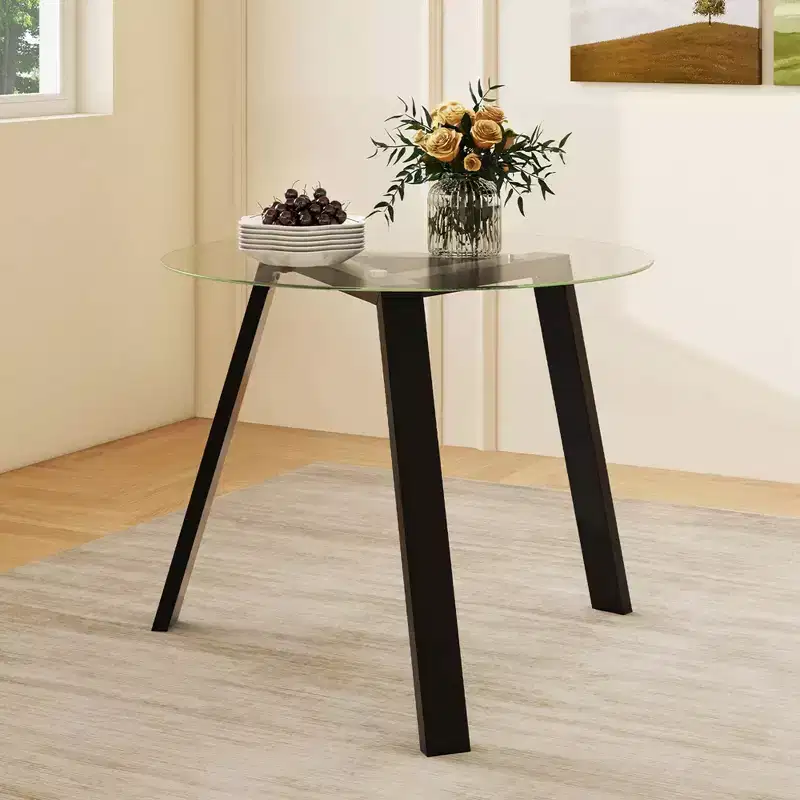 Costway 36 Round Glass Dining Table for 4 with Tempered Glass Tabletop Rubber Wood Frame Natural/Black