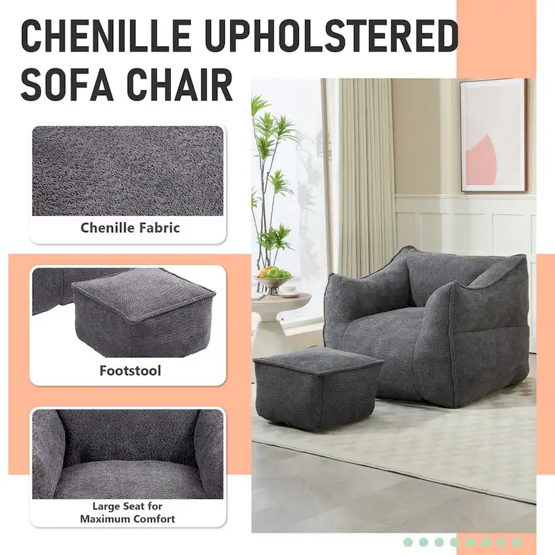 Boucle Upholstered Deep Seat Armless Square Bean Bag Chair with Ottoman