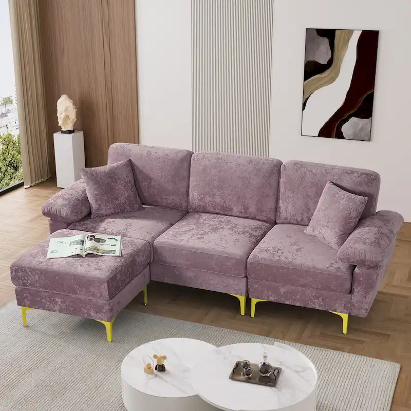 Upholstered Velvet Sectional Sofa with Pillows & Ottoman