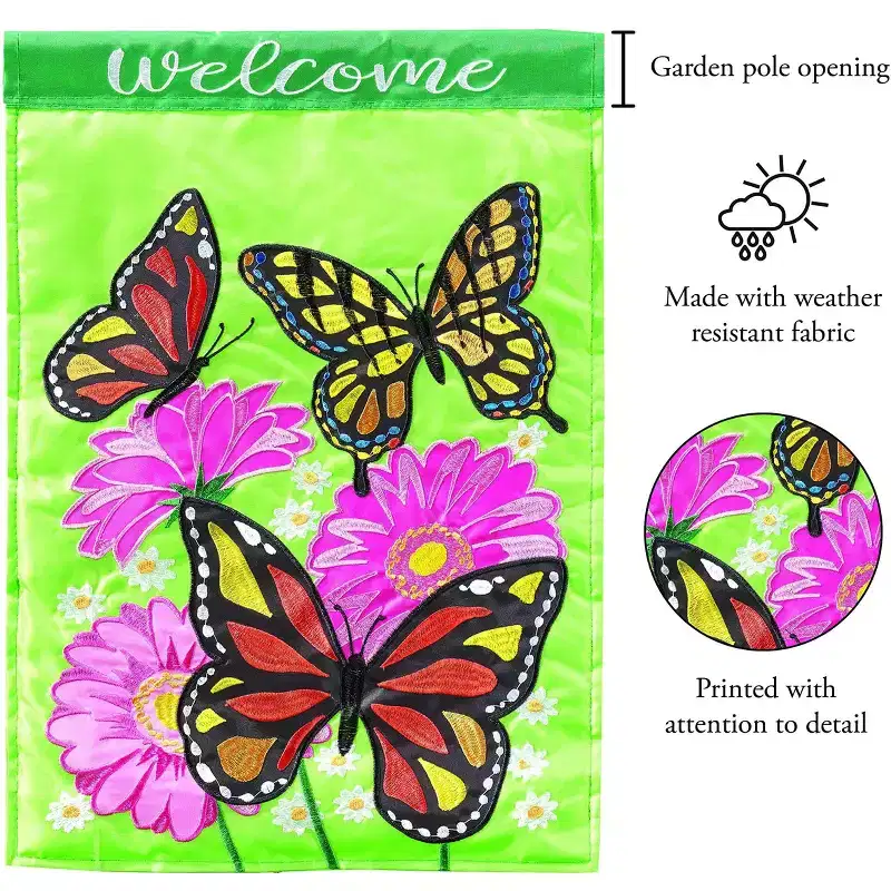 Magnolia Garden Welcome Butterflies Flowers 29 x 42 Green Polyester Outdoor Hanging Flag