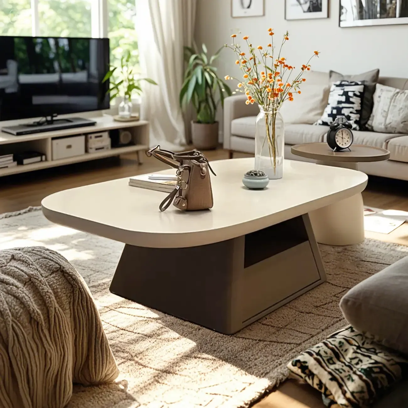 Modern Wood Oval Nesting Coffee Table with Block Base