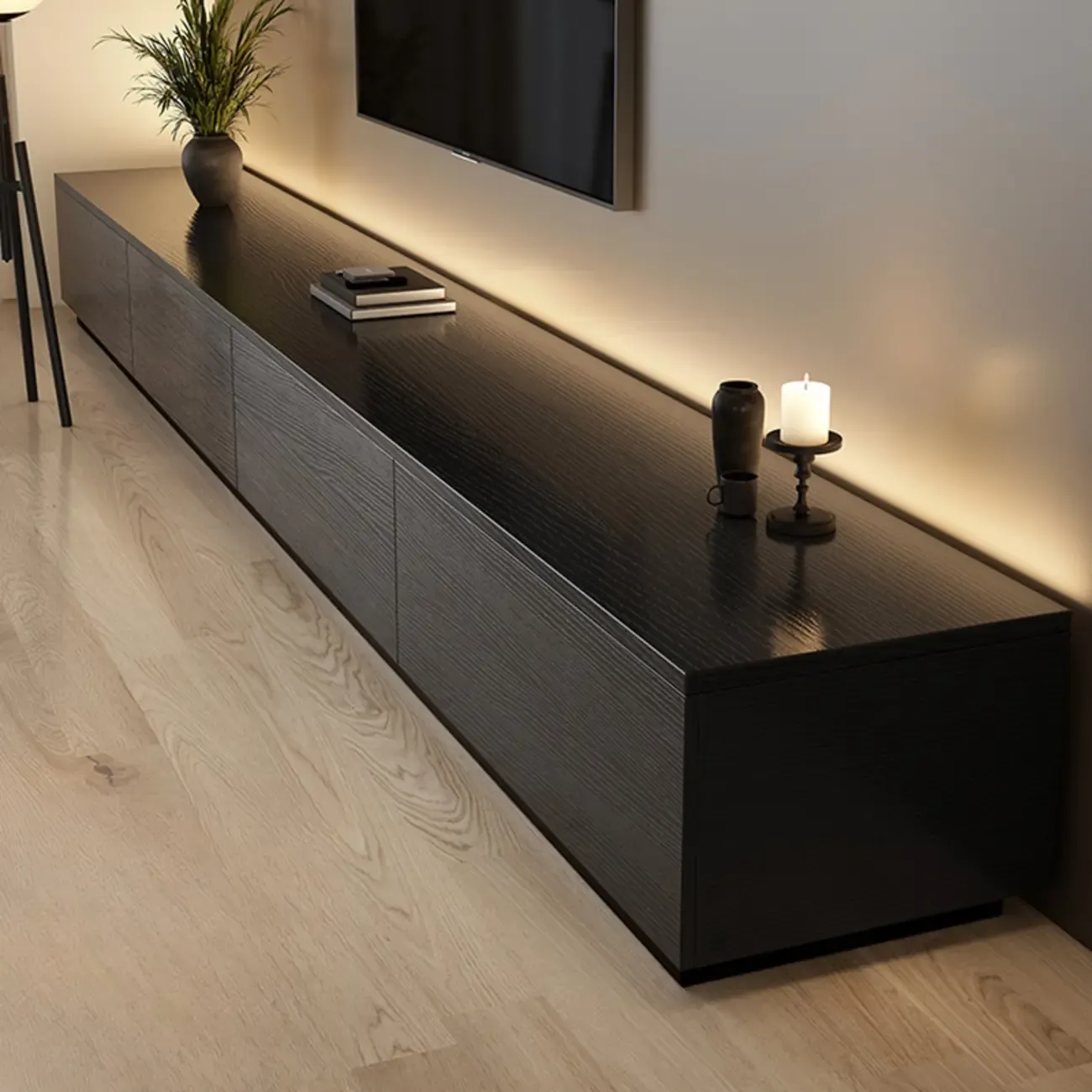 Minimalist Black Long Rectangular TV Stand with 4 Drawers