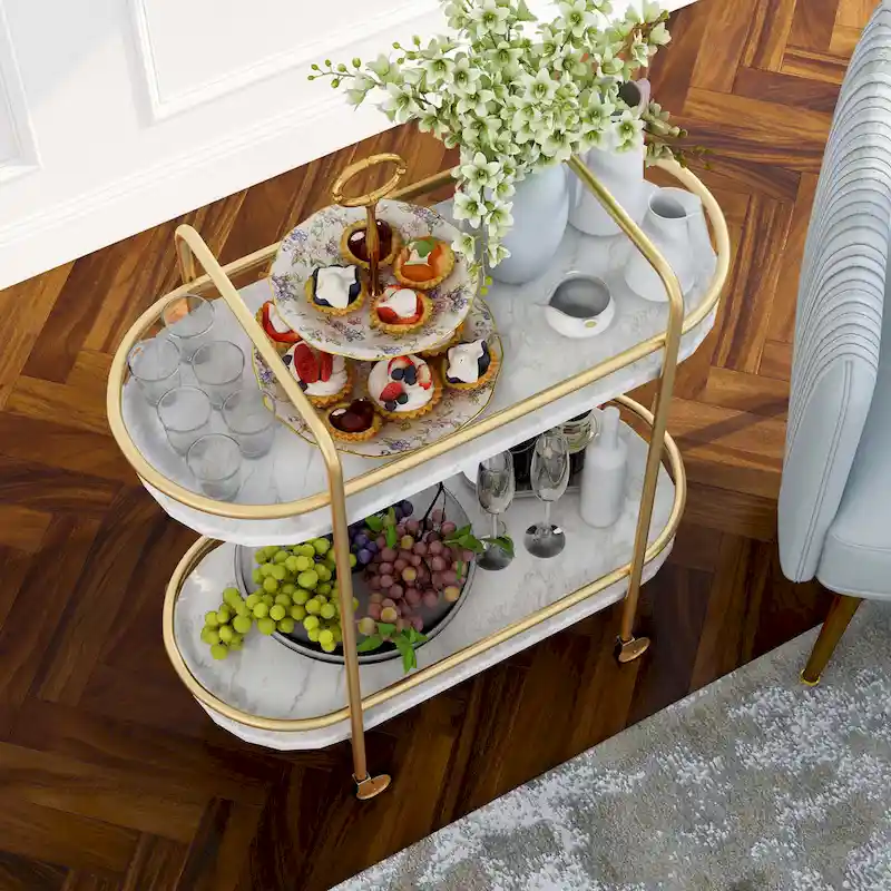 Mardoc Contemporary White and Gold Faux Marble Two Tiers Serving Cart with Caster Wheels by