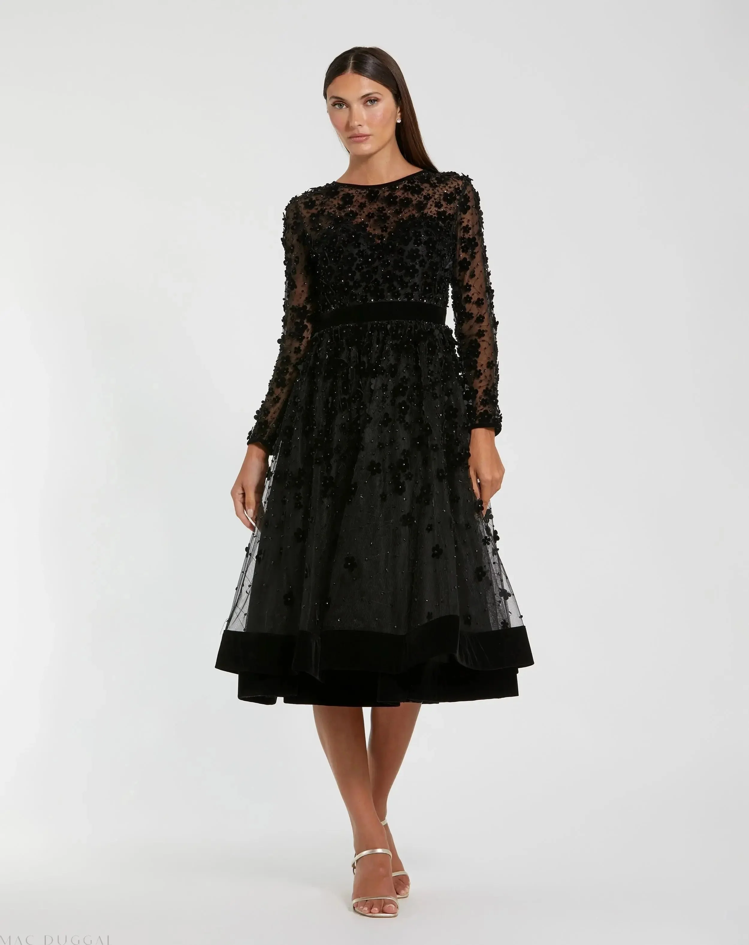 Black Velvet Embellished Illusion Long Sleeve A-Line Midi Dress