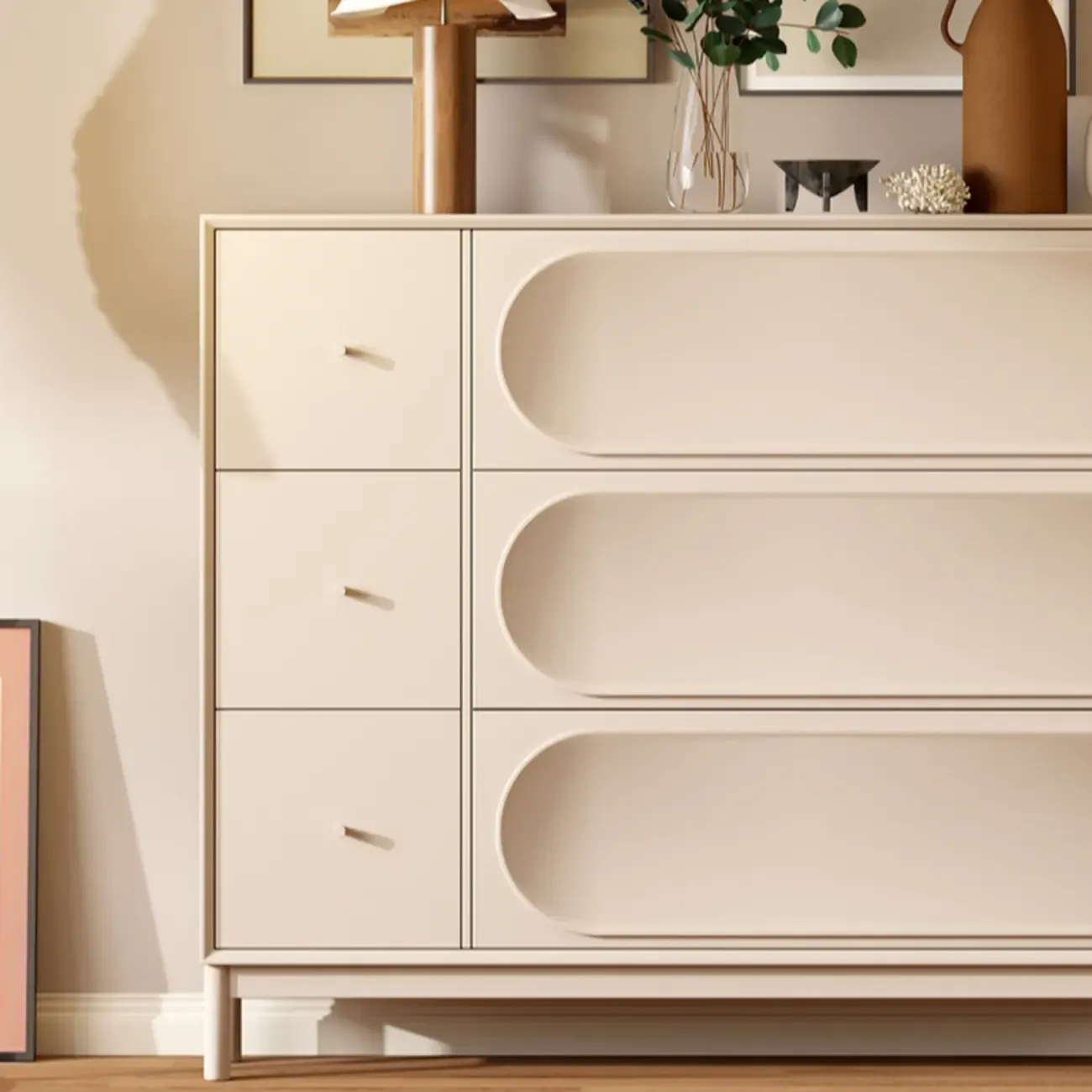 Cream Wooden Drop Front Shoe Cabinet with 3 Drawers