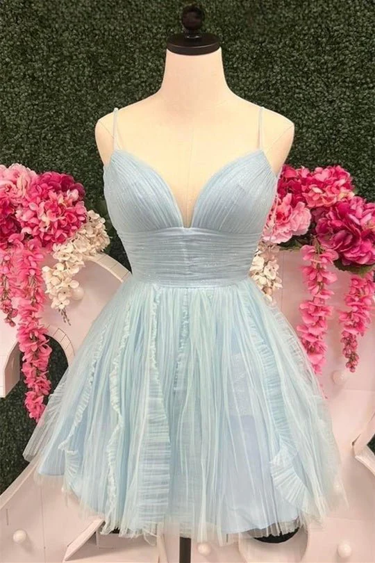 Sky Blue Straps A-line Short Tulle Ruched Homecoming Dress