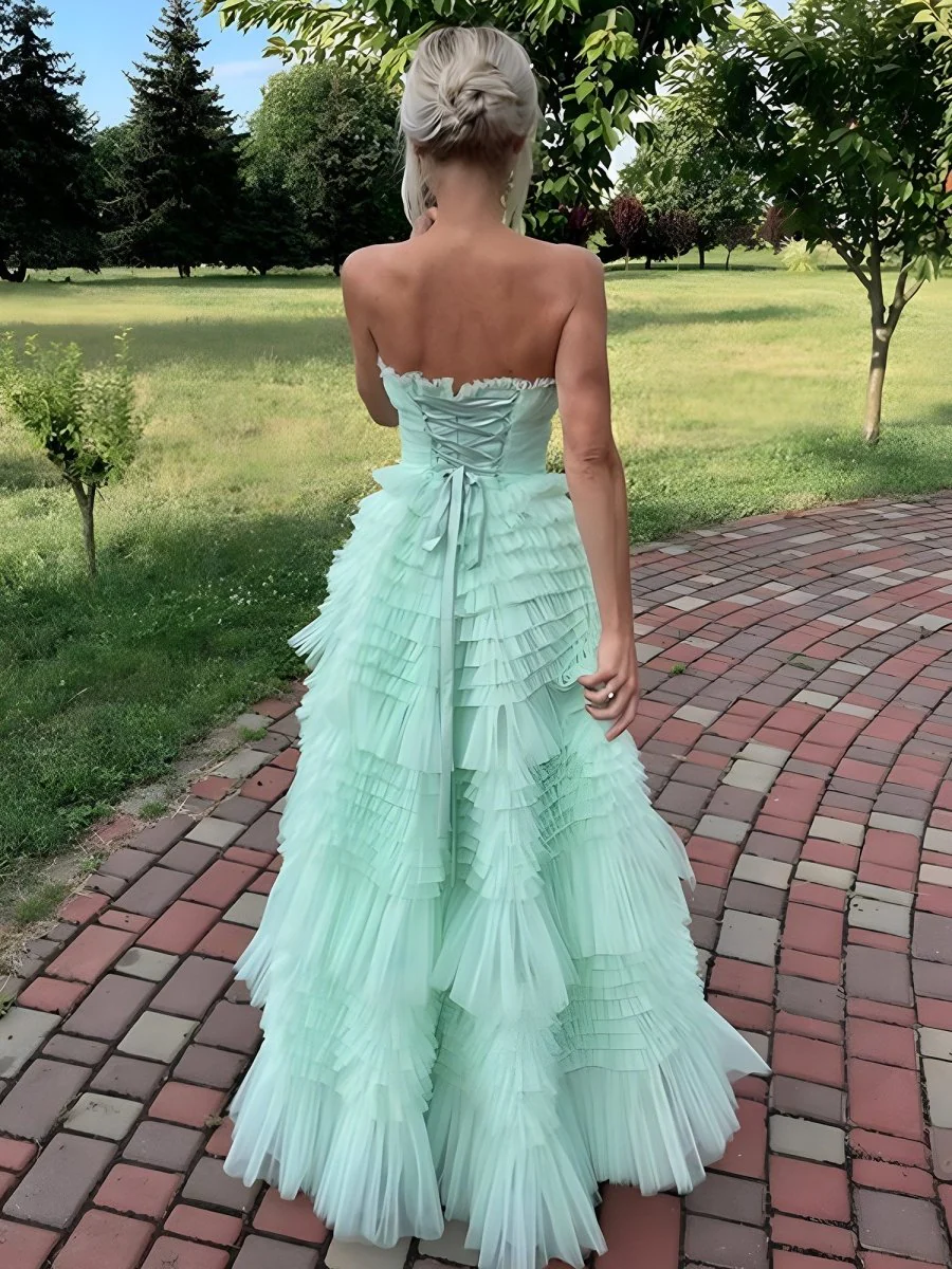Mint Green Strapless Tulle Tiered Ruffles High-low Prom Dress