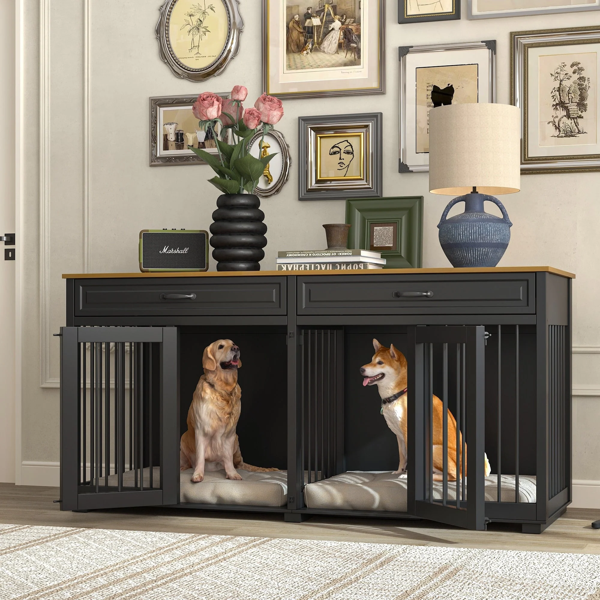 Furniture Style Dog Crate, 64.5 Inch Wooden Large Dog Kennel