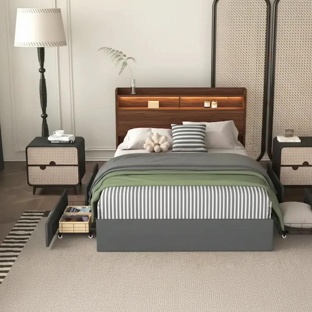 Queen Storage Bed - 4 Drawers, Upholstered Platform with LED & USB Charging