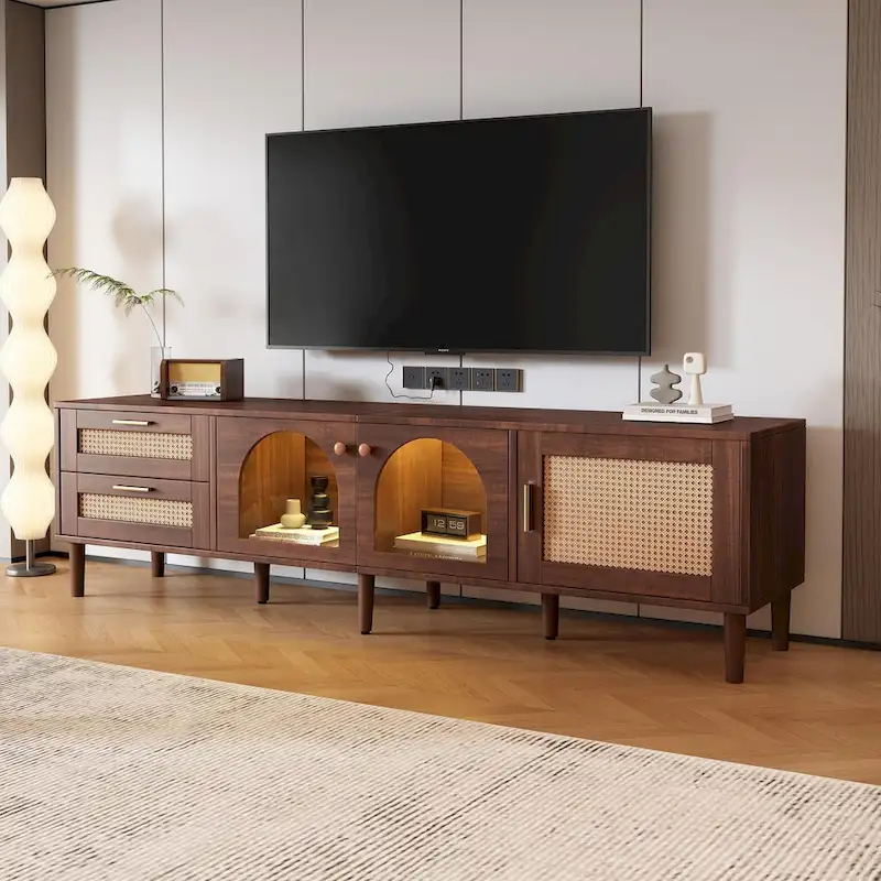 Dark Brown Rattan-Style TV Stand with 3 Cabinets & 2 Drawers, Fits TVs up to 80
