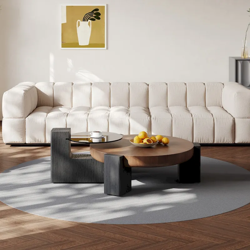 37 Modern Round Nesting Coffee Table, Mid Century Wood Coffee Table, Brown & Black Solid Wood Veneer