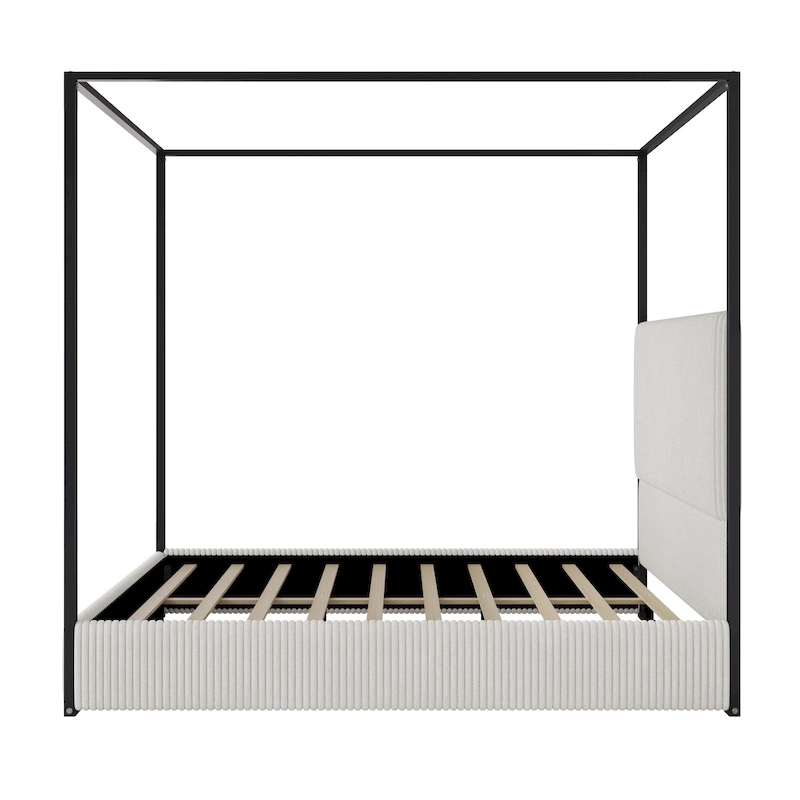 Modern Luxury Metal Canopy Bed with Tall Upholstered Headboard & Four Poster