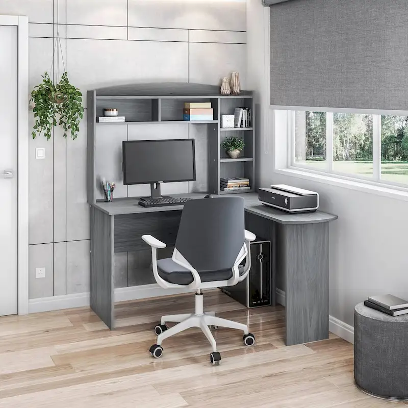 Grey L-Shaped Corner Desk with Hutch, 3 Vertical Shelves & Privacy Panel