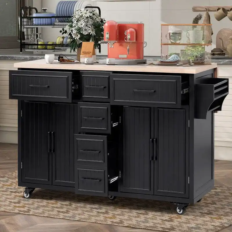 56.5 Kitchen Island with Drop Leaf and Charging Station, Rolling Kitchen Cart on Wheels with Drawers and Adjustable Shelves