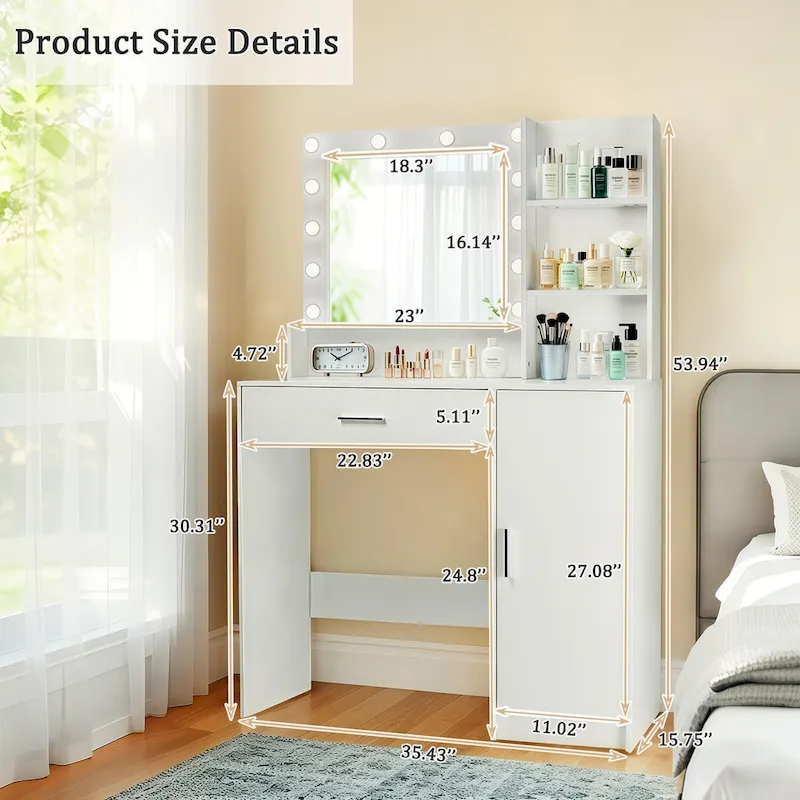 Vanity Desk with Mirror and Lights,with Drawer & Storage Cabinet,3 Lighting Modes Adjustable Brightness,with Open Shelves