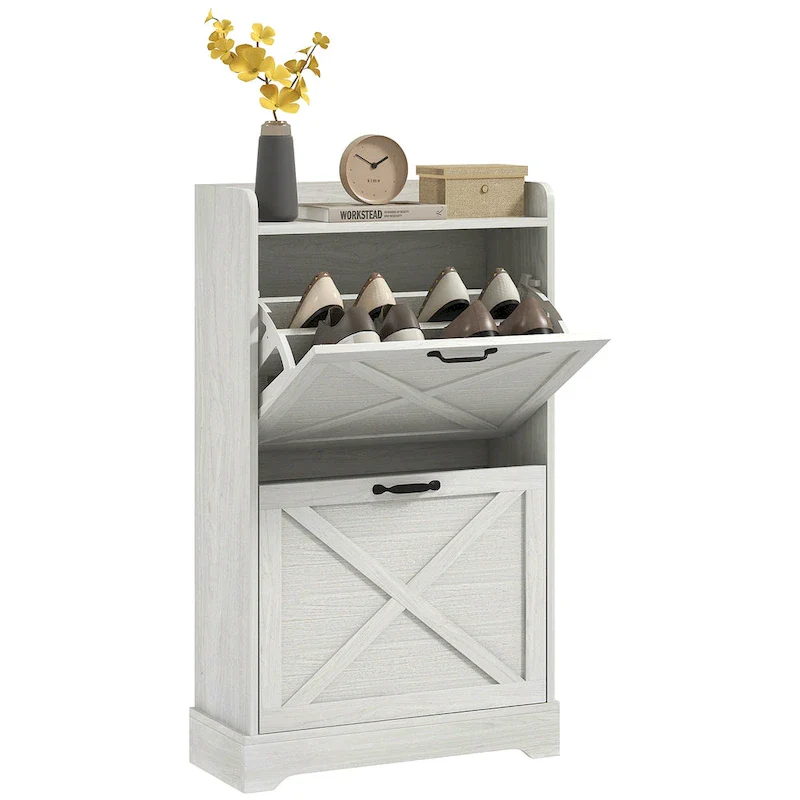 White Farmhouse Slim Shoe Cabinet with 2 Flip Drawers & Adjustable Shelves