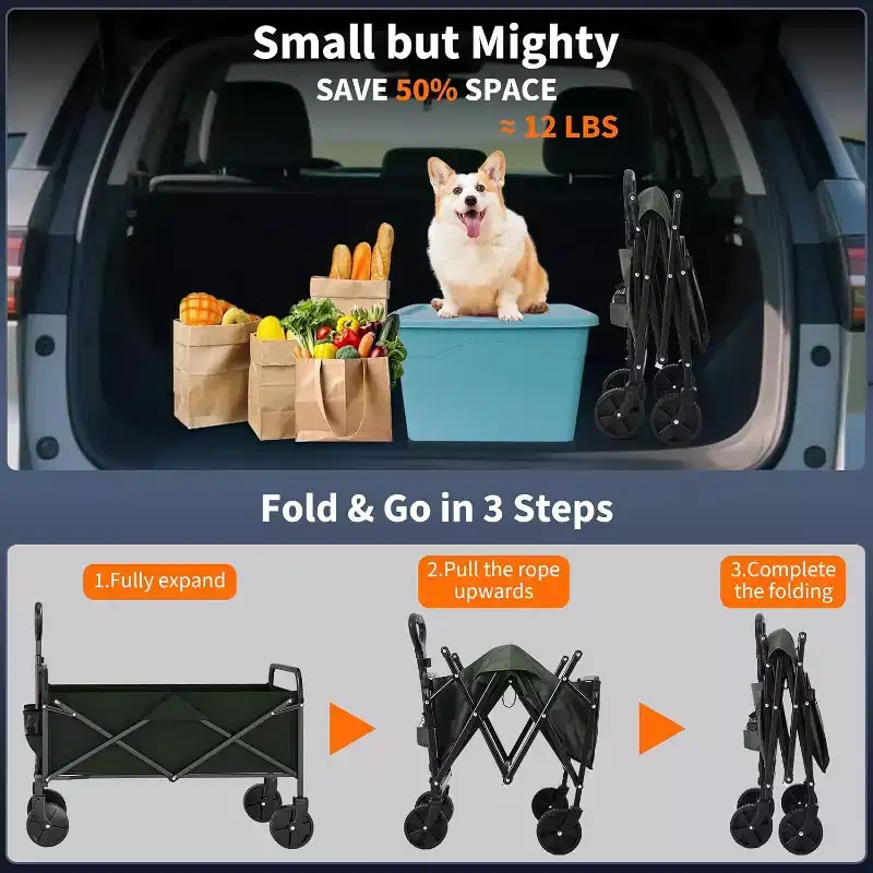 Acekool Collapsible Utility Wagon with 360 Rotating Wheels, 220lbs Load, Adjustable Handle, Beach, Camping, Garden, 73x46.5x89.5cm, Black